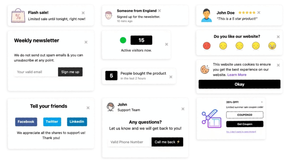 Social proof popup examples including flash sale, newsletter signup, live visitor counter, product reviews, emoji feedback, cookie notification, coupon code, and support chat widgets